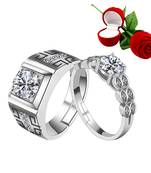 Silver Plated Adjustable Couple Rings Set for lovers Ring with 1 Piece Red Rose Gift Box  for Men and Women