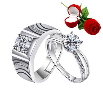 Silver Plated Adjustable Couple Rings Set for lovers Ring with 1 Piece Red Rose Gift Box  for Men and Women 1