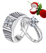 Silver Plated Adjustable Couple Rings Set for lovers Ring with 1 Piece Red Rose Gift Box  for Men and Women