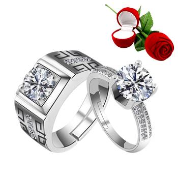 Silver Plated Adjustable Couple Rings Set for lovers Ring with 1 Piece Red Rose Gift Box  for Men and Women 1
