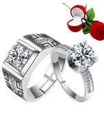 Silver Plated Adjustable Couple Rings Set for lovers Ring with 1 Piece Red Rose Gift Box  for Men and Women