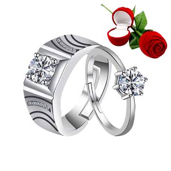 Silver Plated Adjustable Couple Rings Set for lovers Ring with 1 Piece Red Rose Gift Box  for Men and Women 1