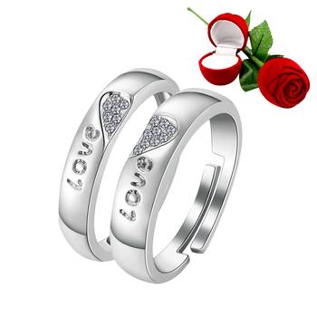 Silver Plated Adjustable Couple Rings Set for lovers Ring with 1 Piece Red Rose Gift Box  for Men and Women 1