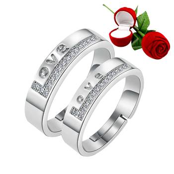 Silver Plated Adjustable Couple Rings Set for lovers Ring with 1 Piece Red Rose Gift Box  for Men and Women 1