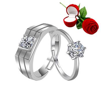 Silver Plated Adjustable Couple Rings Set for lovers Ring with 1 Piece Red Rose Gift Box  for Men and Women 1