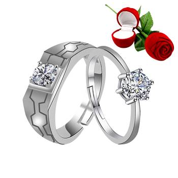 Silver Plated Adjustable Couple Rings Set for lovers Ring with 1 Piece Red Rose Gift Box  for Men and Women 1