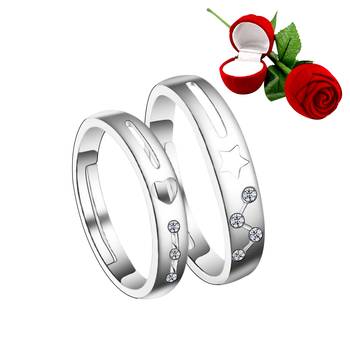 Silver Plated Adjustable Couple Rings Set for lovers Ring with 1 Piece Red Rose Gift Box  for Men and Women 1
