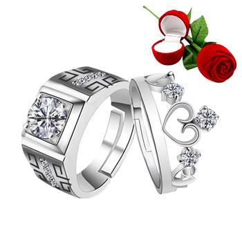 Silver Plated Adjustable Couple Rings Set for lovers Ring with 1 Piece Red Rose Gift Box  for Men and Women 1