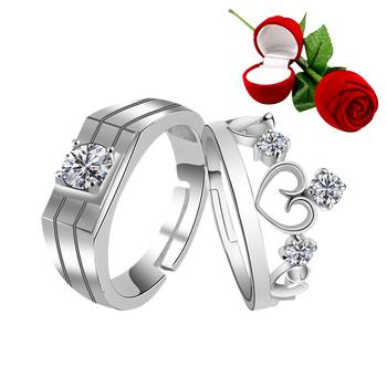 Silver Plated Adjustable Couple Rings Set for lovers Ring with 1 Piece Red Rose Gift Box  for Men and Women 1