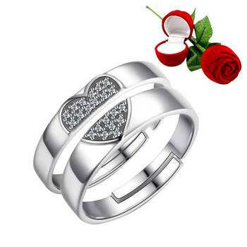 Silver Plated Adjustable Couple Rings Set for lovers Ring with 1 Piece Red Rose Gift Box  for Men and Women 1