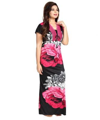 DILJEET Floral Print Satin Night Gown-Pink 1