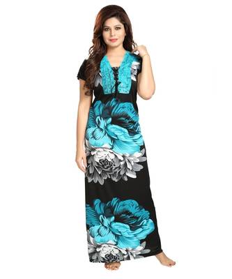DILJEET Floral Print Satin Night Gown-Green 1