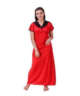 DILJEET Self-Design Print Satin Night Gown-Red 1