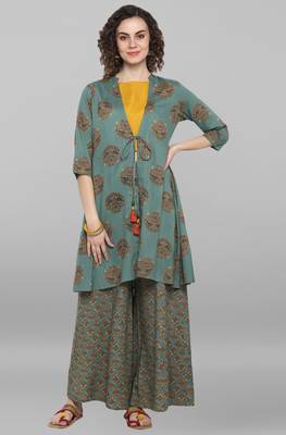 Turquoise floral print rayon salwar 1