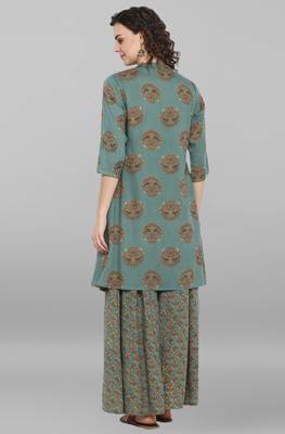 Turquoise floral print rayon salwar 2
