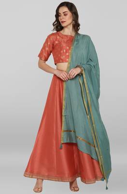 Peach printed silk stitched lehenga 1