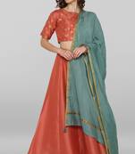Peach printed silk stitched lehenga