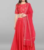 Pink golden print silk stitched lehenga