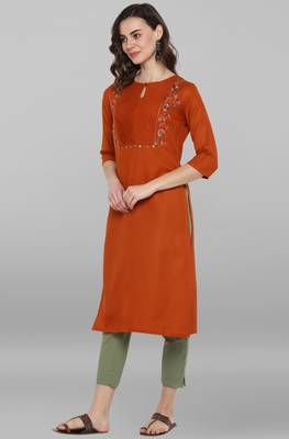 Janasya Orange embroidered rayon ethnic kurtis 1