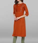 Janasya Orange embroidered rayon ethnic kurtis