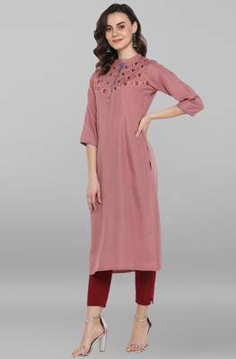 Janasya Pink embroidered rayon ethnic kurtis 3