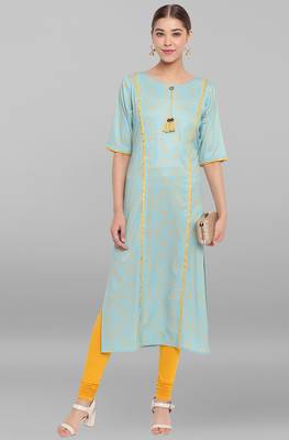 Turquoise printed crepe ethnic kurtis 1