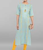 Turquoise printed crepe ethnic kurtis