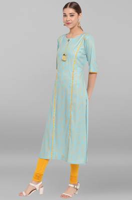 Turquoise printed crepe ethnic kurtis 2