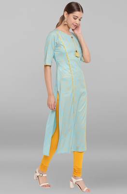 Turquoise printed crepe ethnic kurtis 3