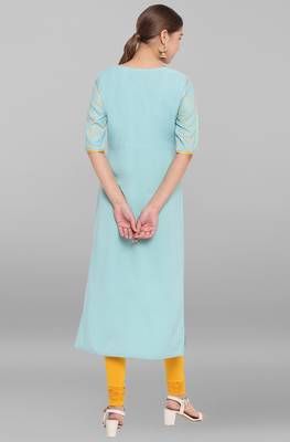 Turquoise printed crepe ethnic kurtis 4