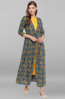 Janasya Green printed rayon long kurtis 1