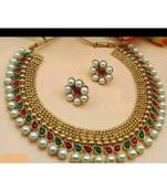 Maroon green with pearls copper choker set