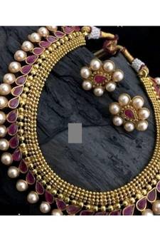 Maroon  with pearls copper choker set