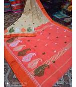 White Wiving Work Cotton Silk Handloom Saree With B.P