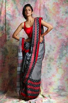 Grey woven blended cotton saree with blouse