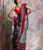 Grey woven blended cotton saree with blouse