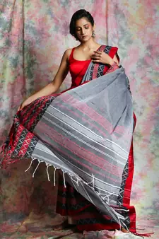 Grey woven blended cotton saree with blouse