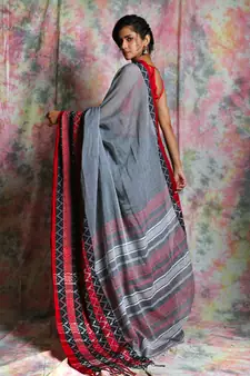 Grey woven blended cotton saree with blouse