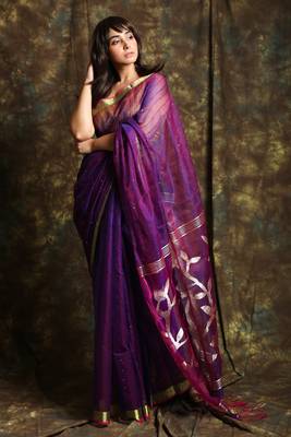 Purple woven blended cotton saree with blouse 1
