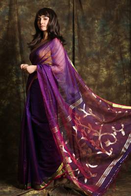Purple woven blended cotton saree with blouse 2