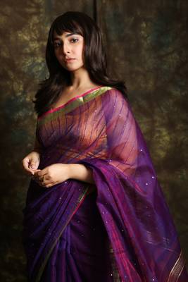 Purple woven blended cotton saree with blouse 4