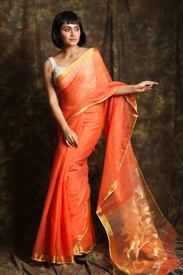 Peach woven blended cotton saree with blouse 1