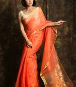 Peach woven blended cotton saree with blouse