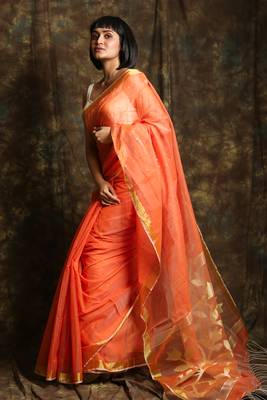 Peach woven blended cotton saree with blouse 2