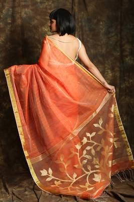 Peach woven blended cotton saree with blouse 3