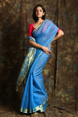 Blue woven blended cotton saree with blouse 1