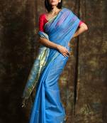 Blue woven blended cotton saree with blouse