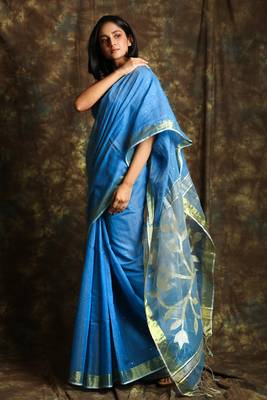 Blue woven blended cotton saree with blouse 2