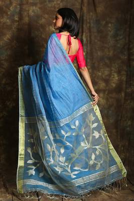 Blue woven blended cotton saree with blouse 3