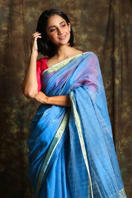 Blue woven blended cotton saree with blouse 4